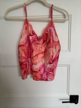 Pink Marble-Print Satin Cami Top with Lace Trim Pajamas